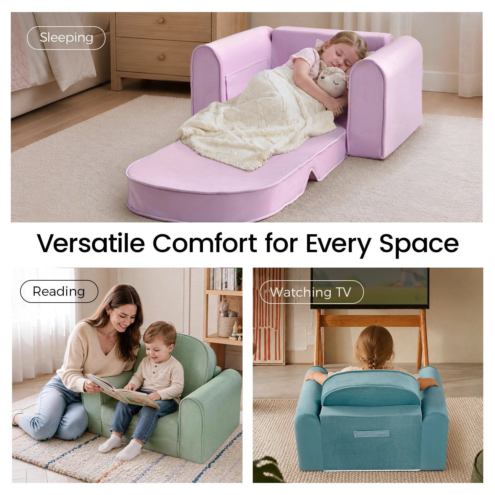 Top: A young child sleeps on the Tiny Land® GentleSnug Kids Sofa Chair in pink, used as a cozy nap mat. Bottom left: An adult reads to a child seated on the GentleSnug toddler sofa chair in green. Bottom right: A child relaxes watching TV in the blue GentleSnug chair. Text: Versatile Comfort for Every Space from Tiny Land.|Light Green