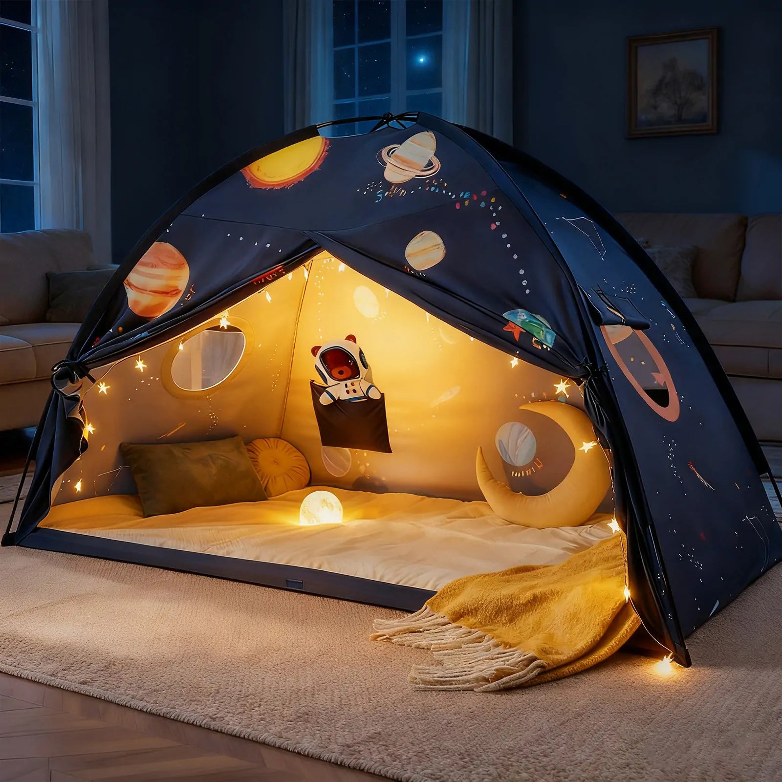 The Tiny Land® Kids Bed Tent by Tiny Land features planets, stars, and warm string lights. Inside, cushions, a yellow throw, a round moon pillow, and a night light create a dreamy hideaway for kids in the living room.|SPACENEST