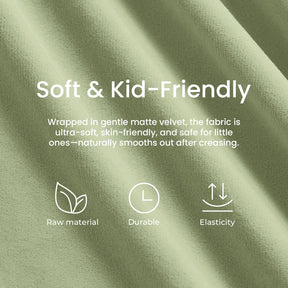 The Tiny Land® GentleSnug Kid Chair - Sage features soft, kid-friendly, matte velvet fabric that’s ultra-soft and skin-friendly—ideal for toddlers. Made from quality raw materials with durable elasticity; icons highlight material, durability, and stretch.