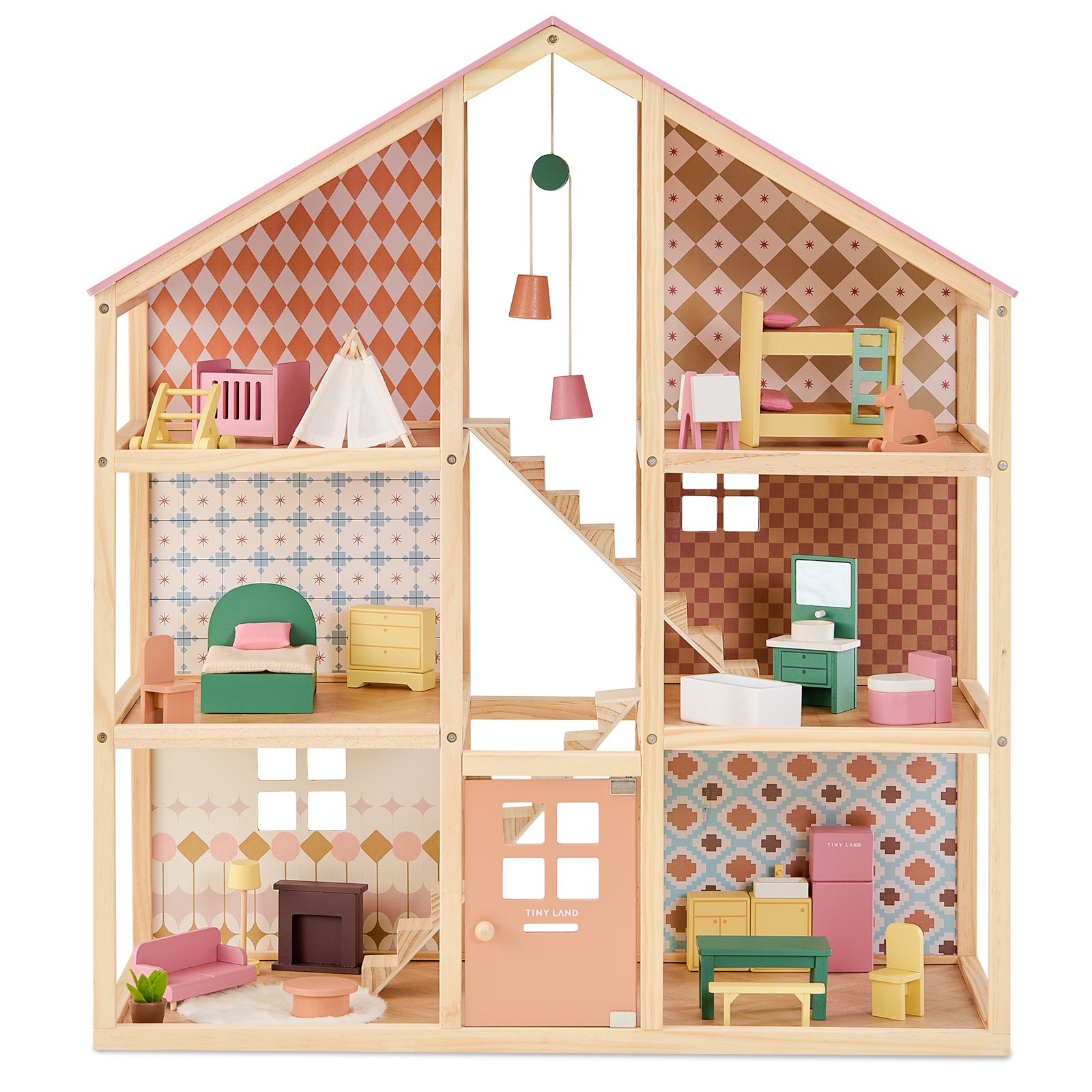 The Tiny Land® Sweetwood Dollhouse without Dolls by Tiny Land features an open front, six pastel geometric-patterned rooms, and charming furniture sets—perfect for imaginative play with miniature beds, chairs, tables, and a cozy fireplace.|Pegasus