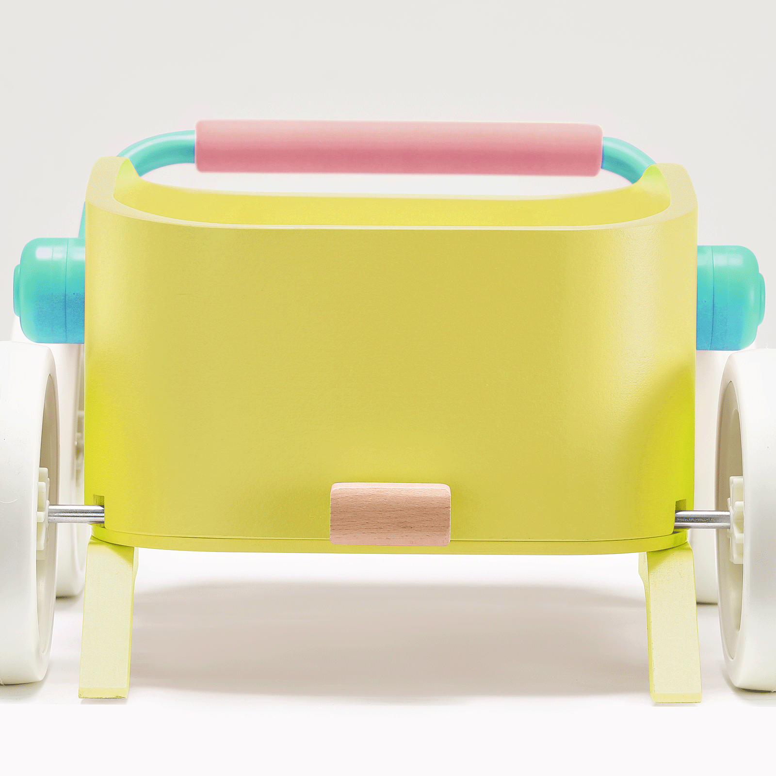 The Tiny Land® 3-in-1 Wooden Baby Walker Wagon - Spring Color features a yellow body, white wheels, turquoise side handles, and a pink handlebar, shown against a plain white background.