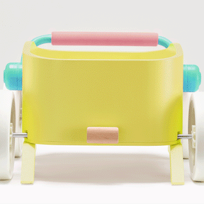 The Tiny Land® 3-in-1 Wooden Baby Walker Wagon - Spring Color features a yellow body, white wheels, turquoise side handles, and a pink handlebar, shown against a plain white background.