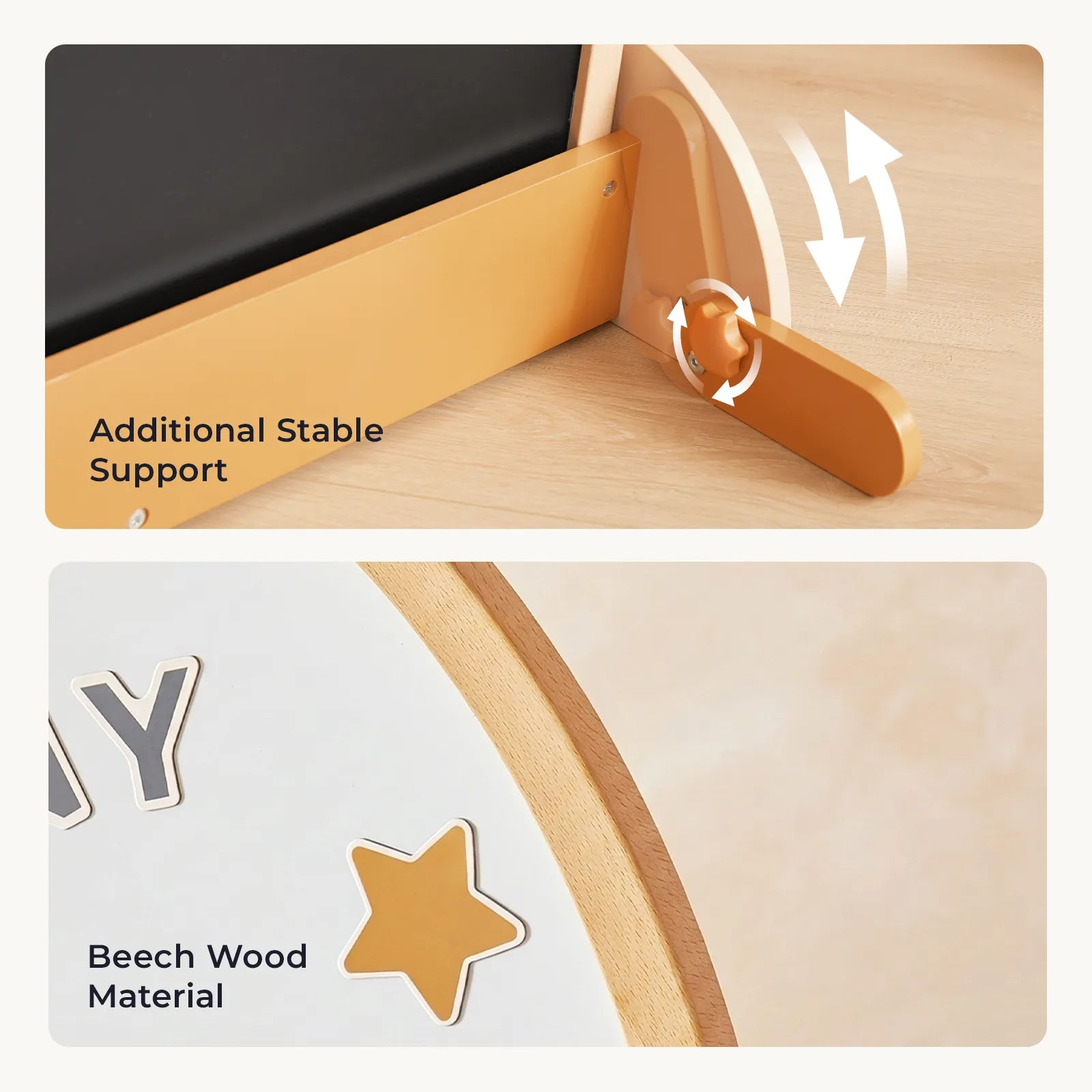 Close-up of the Tiny Land® Double-Sided Arched Magnet Chalkboard by Tiny Land, featuring a stable support, beech wood construction, and unique star cutout design on its double-sided magnetic easel.