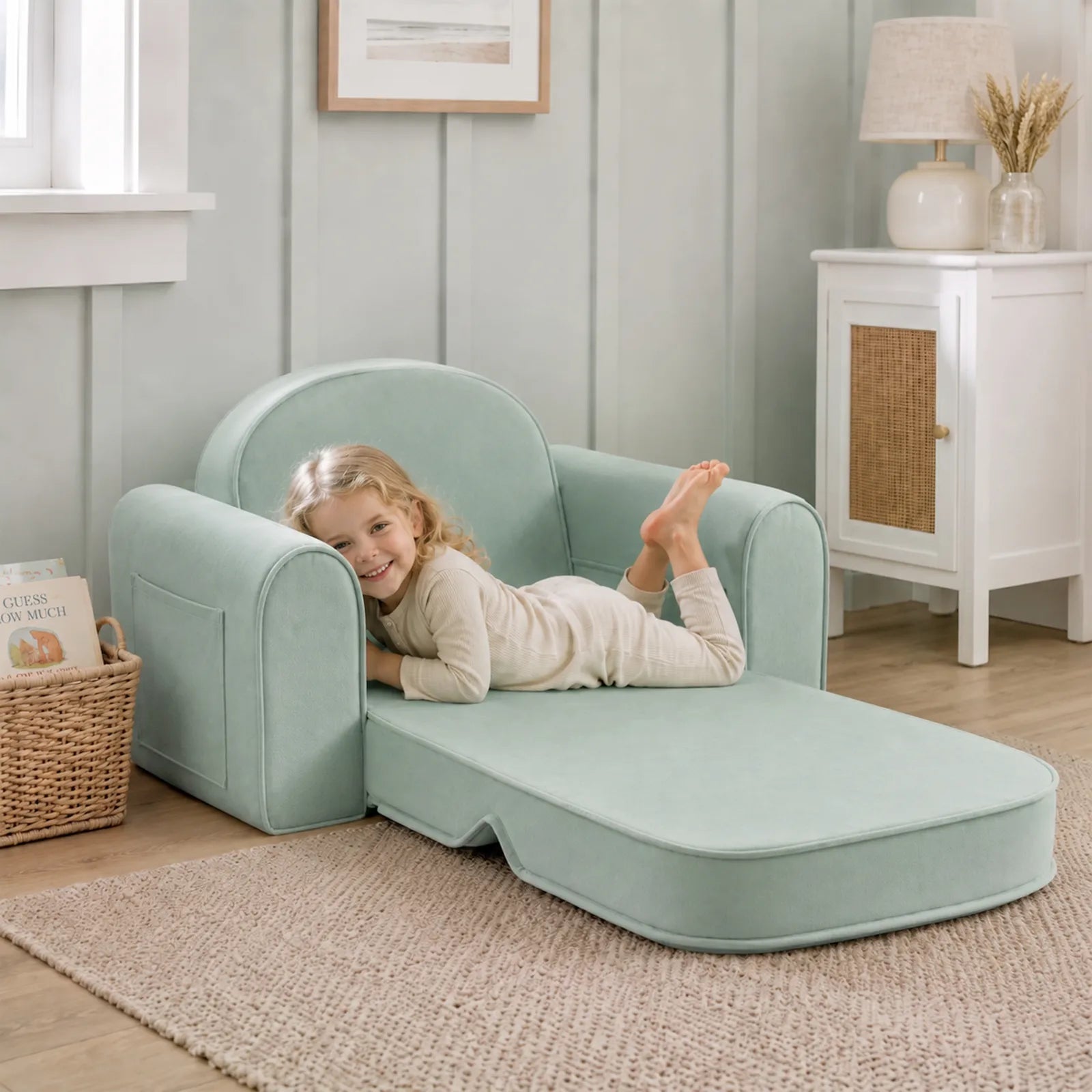 A young child smiles while lying on the Tiny Land® GentleSnug Kids Sofa Chair in a cozy, softly lit room with neutral decor, a woven rug, small cabinet, and a basket filled with books nearby.