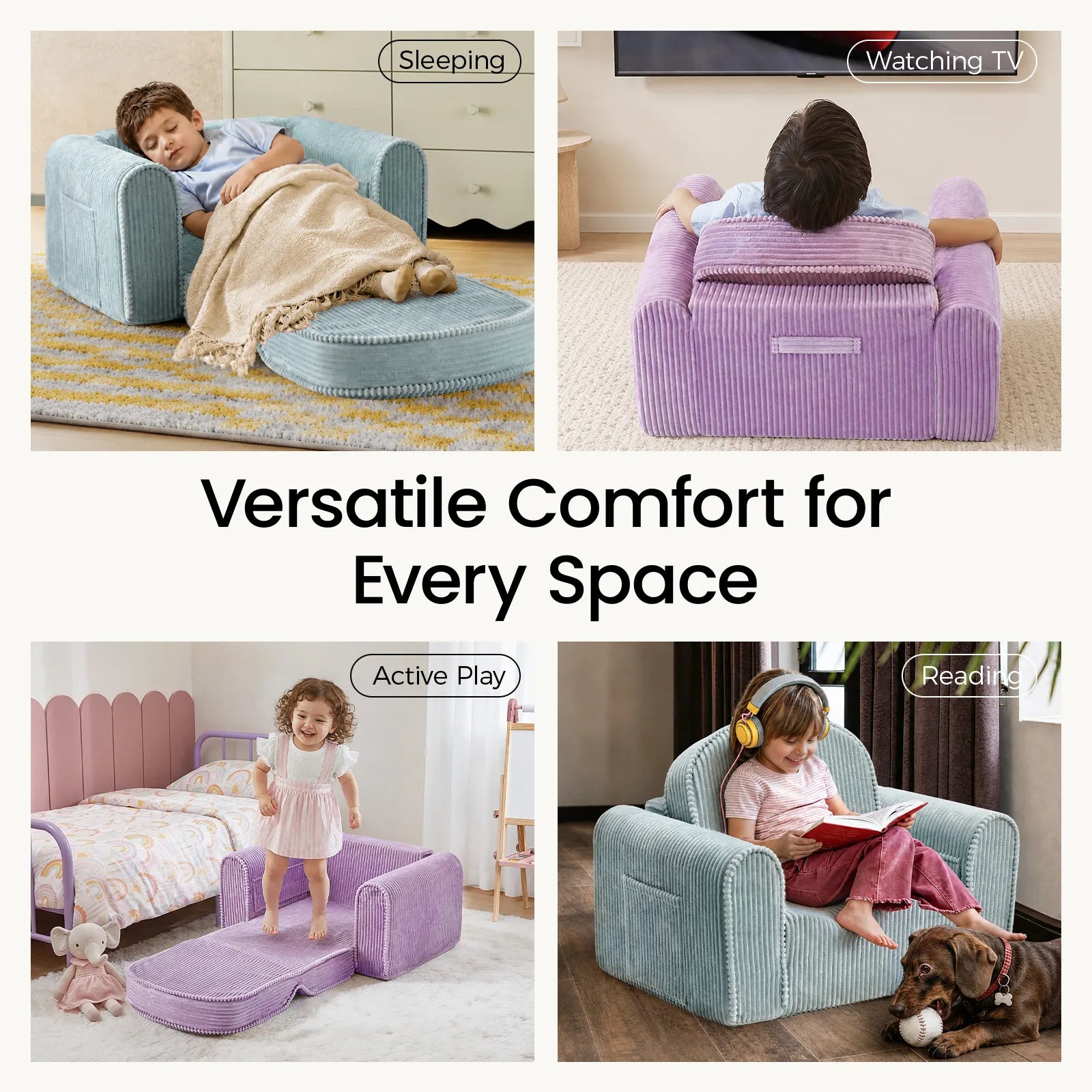Four images show children enjoying the Tiny Land® GentleSnug Corduroy Kid Chair by sleeping, watching TV, playing, and reading, highlighting this Tiny Land chair’s versatility and comfort in various home settings.|Soft Teal