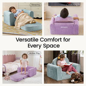 Four images show children enjoying the Tiny Land® GentleSnug Corduroy Kid Chair by sleeping, watching TV, playing, and reading, highlighting this Tiny Land chair’s versatility and comfort in various home settings.|Soft Teal