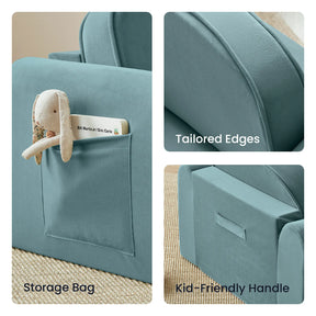 Introducing the Tiny Land® GentleSnug Kids Sofa Chair by Tiny Land—a blue children’s chair featuring a handy pocket for storing books and toys, close-ups highlighting neatly tailored edges and a kid-friendly handle on the back. Perfect as a cozy toddler sofa or as a flip-open chair for reading and relaxing.|Blue