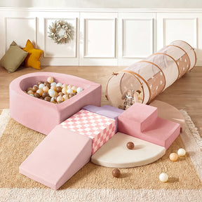 Transform your child's play area with the Tiny Land® Violet PlayNest Climbing Ball Pit Set with Tunnel by Tiny Land, featuring soft pastel hues and a cozy setup. This set includes foam steps, a slide, a foam ball pit filled with balls, a soft play tunnel, and plush cushions—perfect for indoor fun on a beige rug in a warm room adorned with white paneled walls and decorative pillows.|Pink
