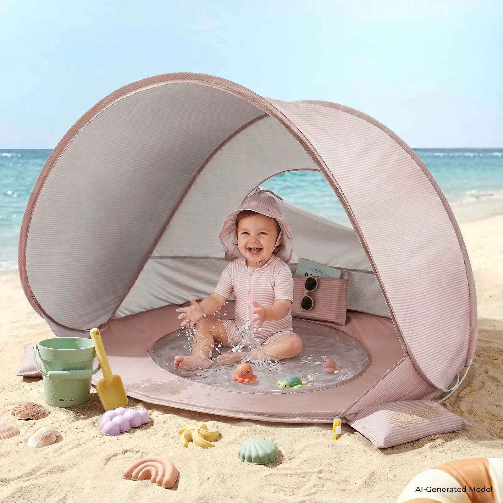 A smiling baby sits in the Tiny Land® Baby Beach Tent & Sand Toy Set by Tiny Land, splashing on a small water mat atop the sand. Colorful pieces from the sand toy set and a bucket are scattered nearby, while the ocean and blue sky serve as a beautiful backdrop.|Pink