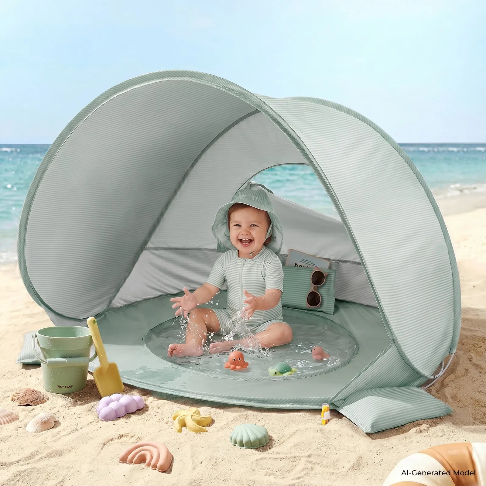 A smiling baby sits in the Tiny Land® Baby Beach Tent & Sand Toy Set on the sand, splashing in a built-in mini water pool. Bright buckets and shovels from the colorful Tiny Land sand toy set are scattered around the tent, with the ocean and sky providing a beautiful backdrop to this playful scene.|Green