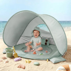 A smiling baby sits in the Tiny Land® Baby Beach Tent & Sand Toy Set on the sand, splashing in a built-in mini water pool. Bright buckets and shovels from the colorful Tiny Land sand toy set are scattered around the tent, with the ocean and sky providing a beautiful backdrop to this playful scene.|Green