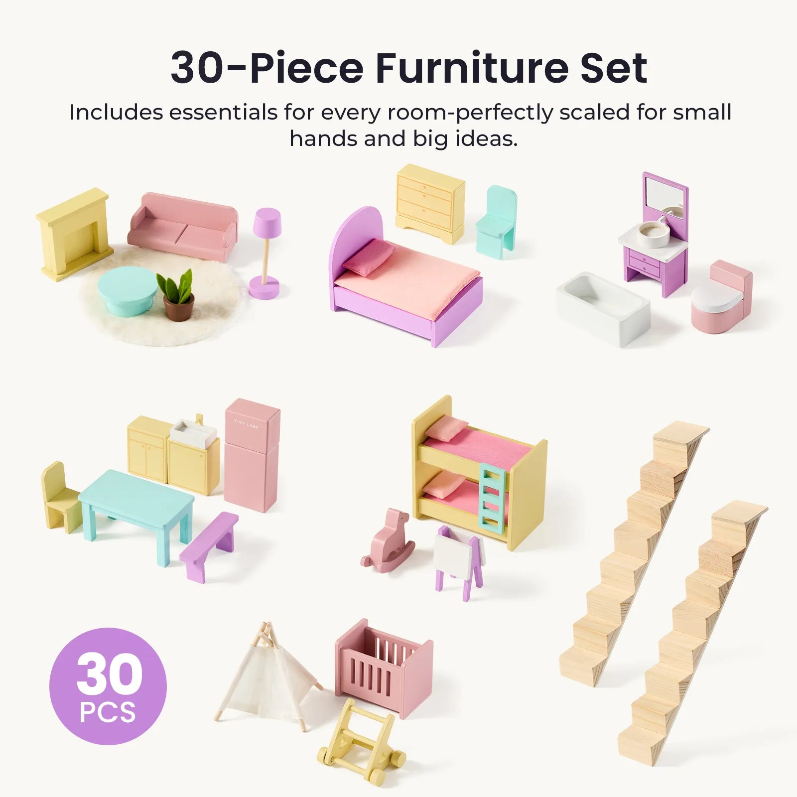 Introducing the Tiny Land® Sweetwood Dollhouse without Dolls—a delightful 30-piece pastel-colored toy furniture set by Tiny Land. Perfectly scaled for small hands, this set includes beds, sofas, tables, chairs, kitchen items, stairs, and more—making it ideal for imaginative play in any Toy Dollhouse or Wooden Dollhouse.|Unicorn
