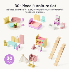 Introducing the Tiny Land® Sweetwood Dollhouse without Dolls—a delightful 30-piece pastel-colored toy furniture set by Tiny Land. Perfectly scaled for small hands, this set includes beds, sofas, tables, chairs, kitchen items, stairs, and more—making it ideal for imaginative play in any Toy Dollhouse or Wooden Dollhouse.|Unicorn