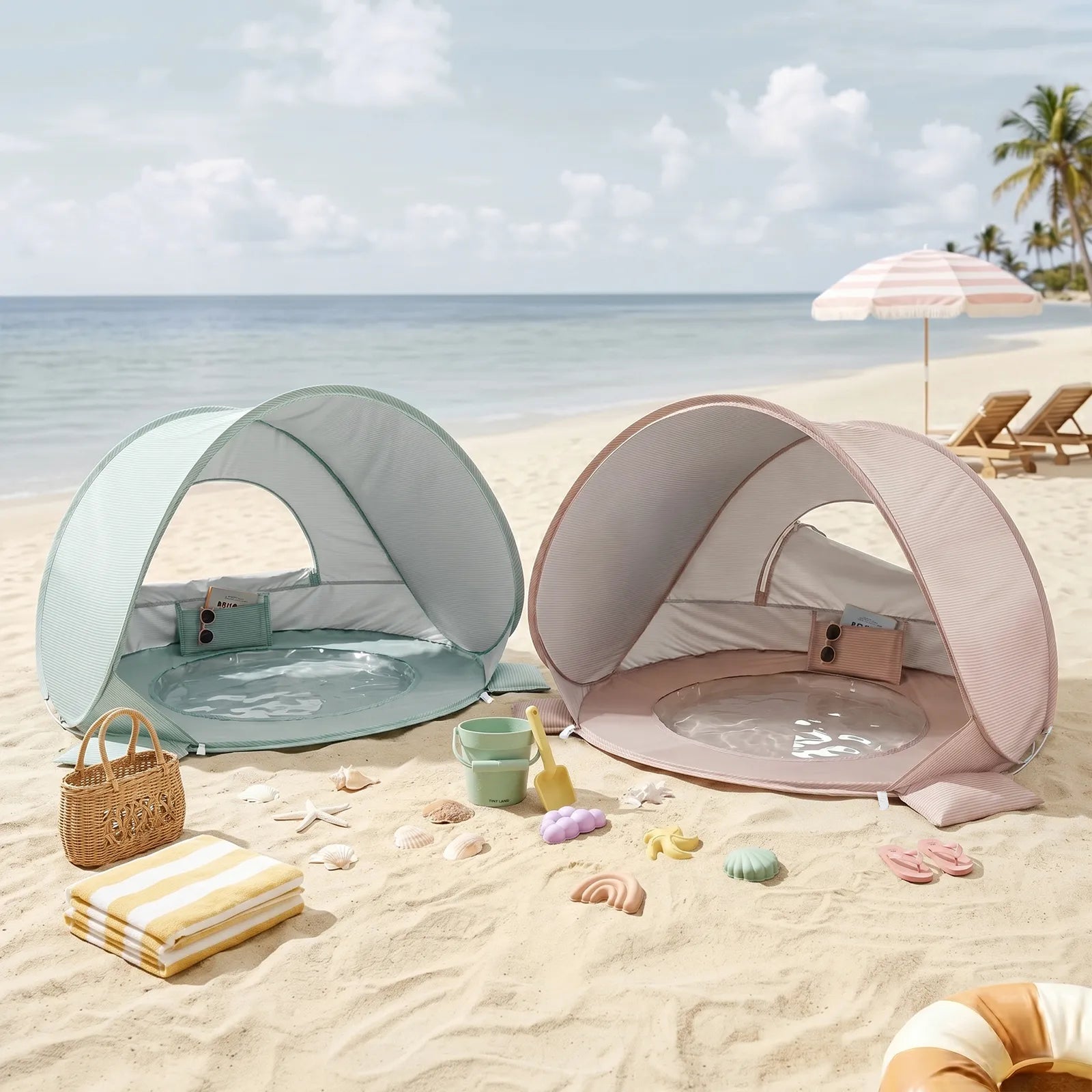 Two Tiny Land® Baby Beach Tent & Sand Toy Sets rest on the sandy beach, serving as ideal toddler beach tents with mini pools. A vibrant assortment of sand toys, a wicker bag, towels, and scattered seashells surround the scene. The tranquil backdrop features the ocean, swaying palm trees, and lounge chairs shaded by umbrellas—setting the stage for a delightful seaside adventure with Tiny Land.