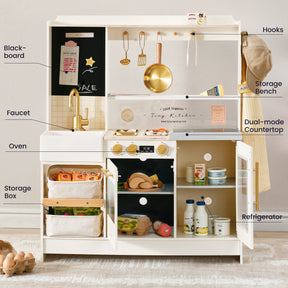 Introducing the Tiny Land® BistroSwitch Play Kitchen by Tiny Land—a children’s play kitchen set featuring a blackboard, faucet, oven, refrigerator, storage box, hooks, storage bench, and a dual-mode countertop. This pretend play kitchen includes convenient shelves and compartments to organize play food and accessories.|Cream
