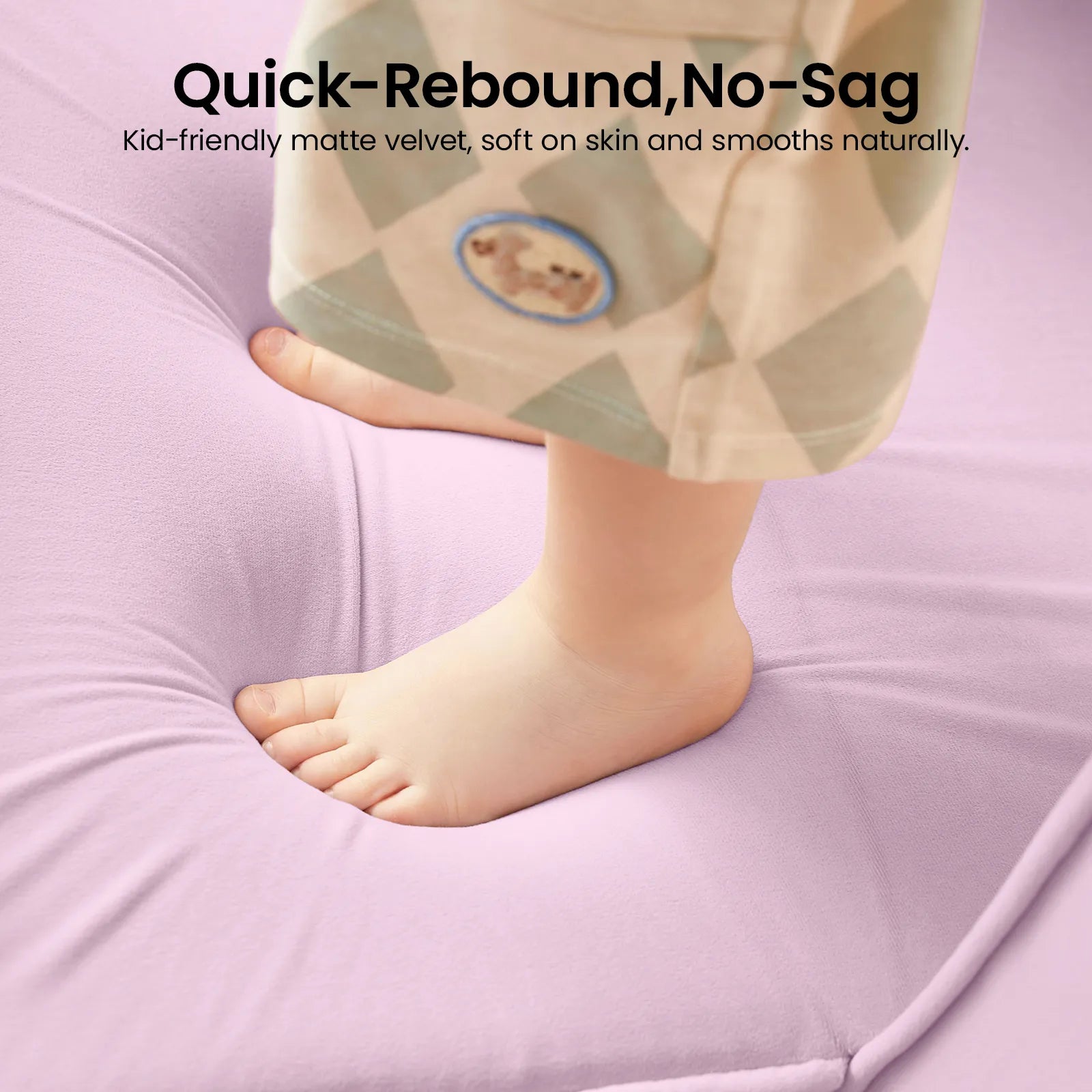 A child’s bare feet sink into the plush, light purple surface of the Tiny Land® GentleSnug Kids Sofa Chair, leaving a gentle indentation. Text above highlights its quick-rebound and no-sag features from Tiny Land, describing it as kid-friendly and soft—ideal for use as a children’s nap mat or a flip-open chair, offering versatile comfort during playtime or rest.|Light Purple