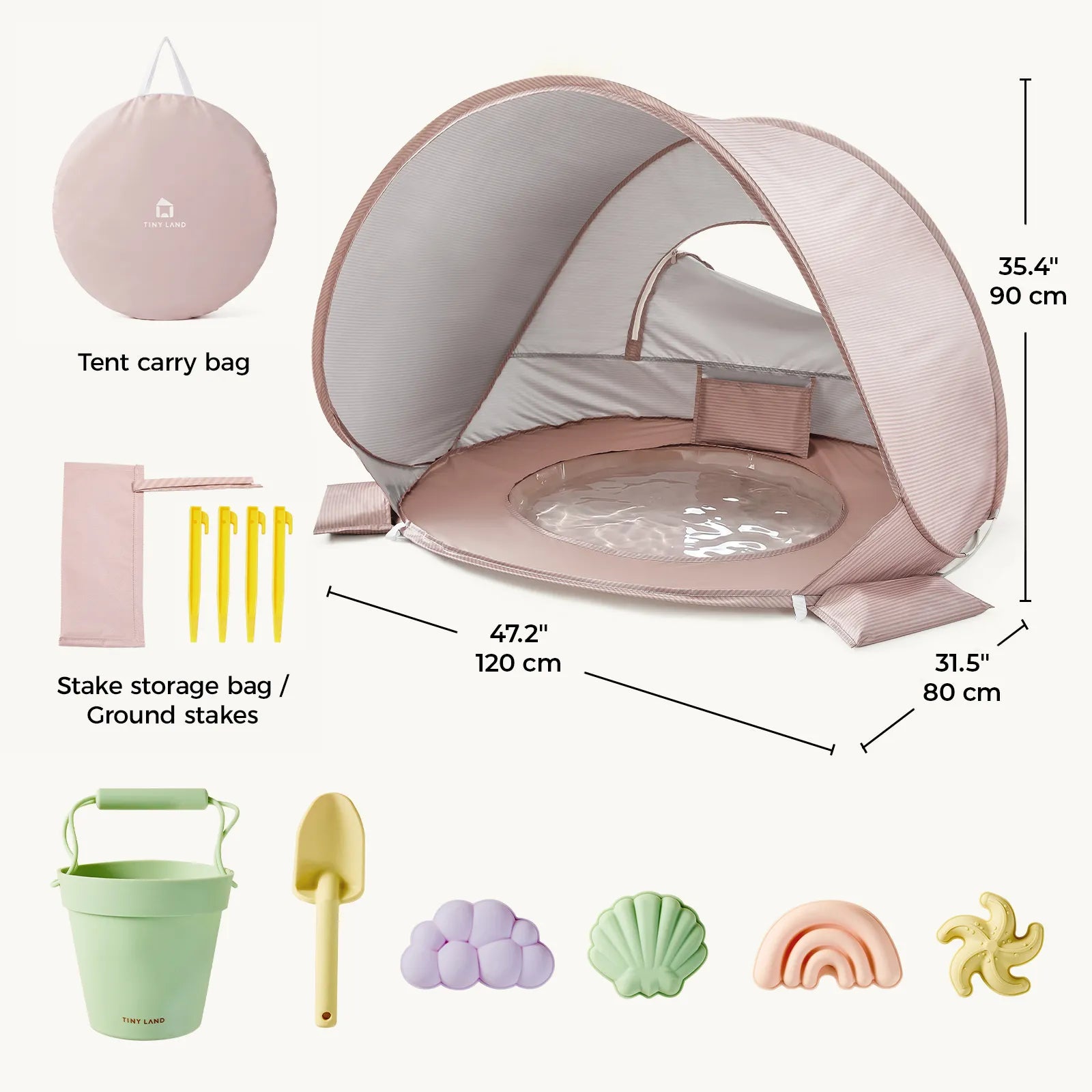 Introducing the Tiny Land® Baby Beach Tent & Sand Toy Set by Tiny Land—a versatile pink toddler beach tent with a water-resistant floor and convenient dimensions shown. This innovative beach tent features a built-in pool, includes a carry bag, stakes with storage pouch, and comes with a pastel sand toy set containing a bucket, shovel, cloud, shell, star, and sand dollar shapes.|Pink