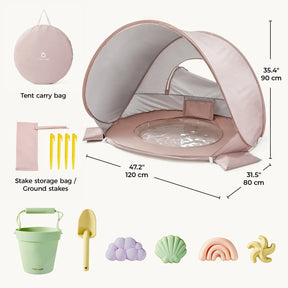 Introducing the Tiny Land® Baby Beach Tent & Sand Toy Set by Tiny Land—a versatile pink toddler beach tent with a water-resistant floor and convenient dimensions shown. This innovative beach tent features a built-in pool, includes a carry bag, stakes with storage pouch, and comes with a pastel sand toy set containing a bucket, shovel, cloud, shell, star, and sand dollar shapes.|Pink