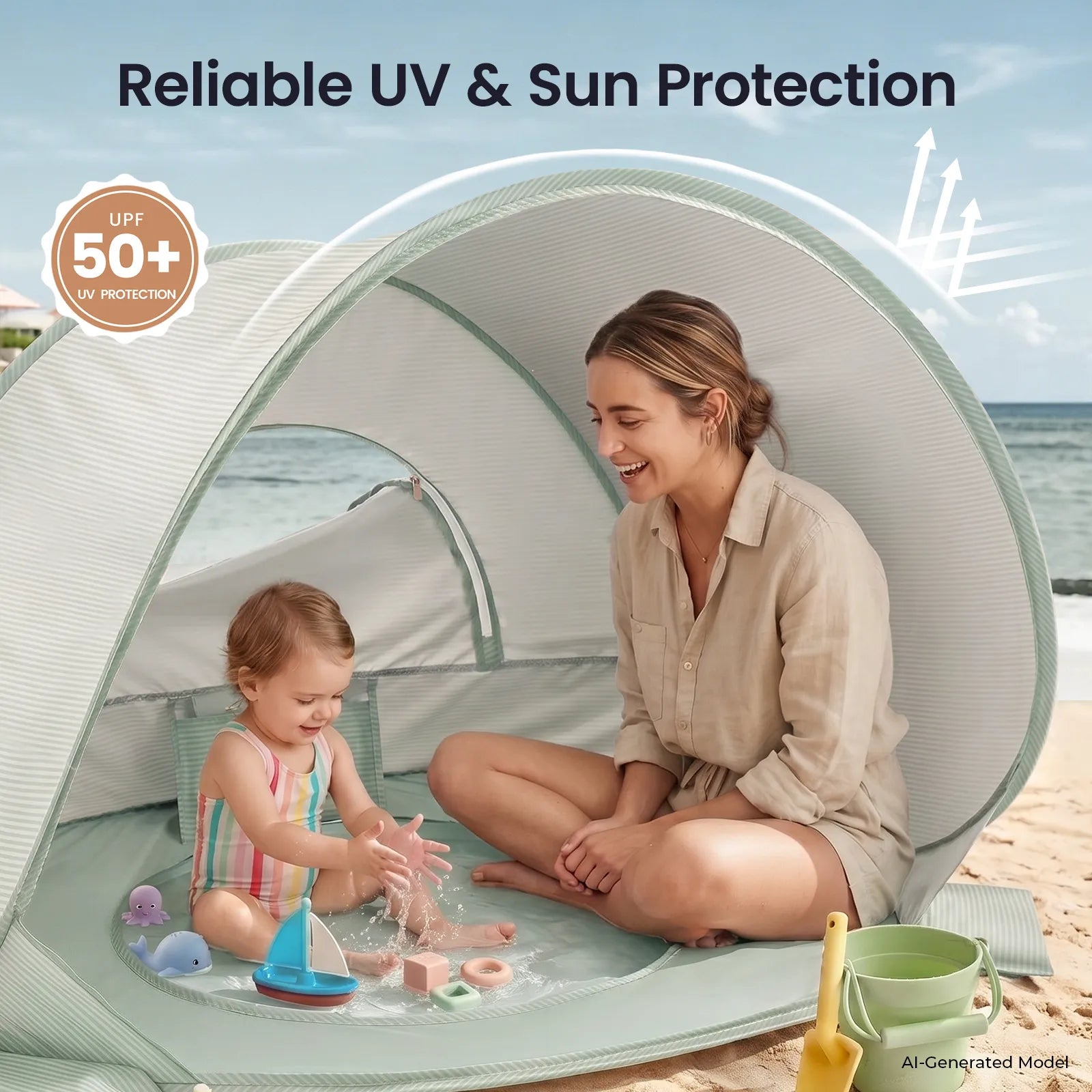 A woman and toddler play with the Tiny Land® Baby Beach Tent & Sand Toy Set by Tiny Land, enjoying UPF 50+ UV and sun protection beneath the tent on a sandy beach as the ocean shimmers in the background.|Green