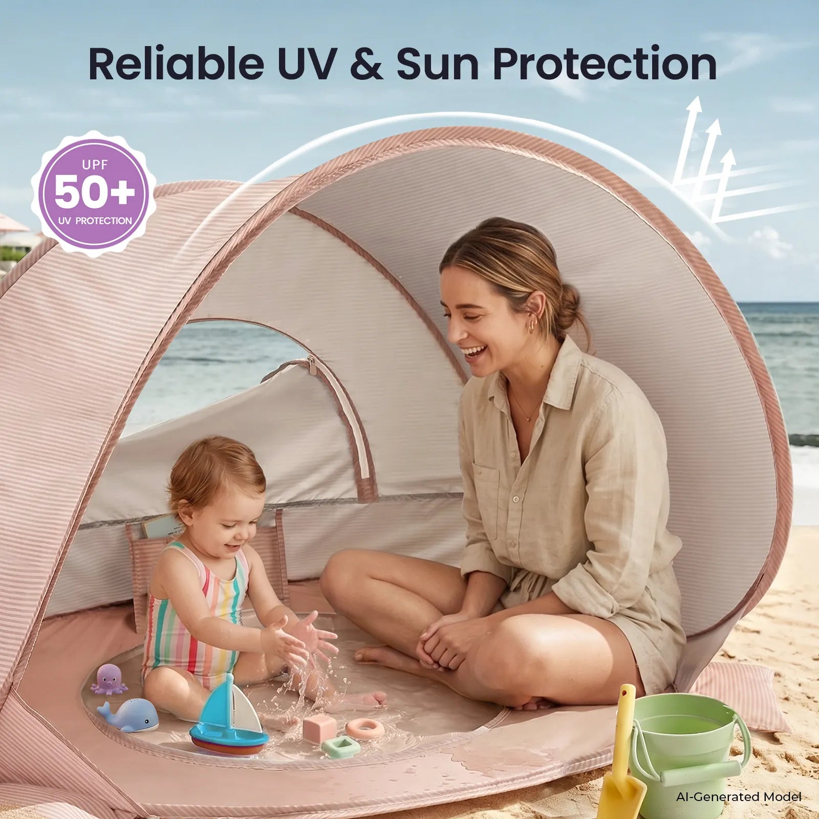 A smiling woman and a toddler enjoy playing with toys inside the Tiny Land® Baby Beach Tent & Sand Toy Set by Tiny Land. The tent provides UPF 50+ sun protection, making it ideal for family fun at the beach. Sand, a bucket, and the ocean are visible in the background.|Pink