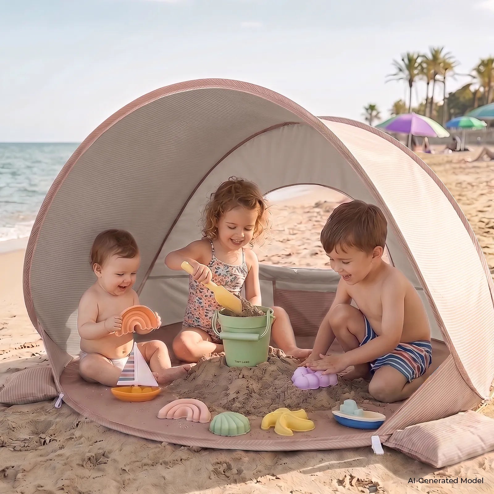 Three children play in the Tiny Land® 3-in-1 Baby Beach Tent, building with colorful sand toys. The beach and ocean are visible nearby as the sun shade from Tiny Land keeps them cool and comfortable while they have fun together.