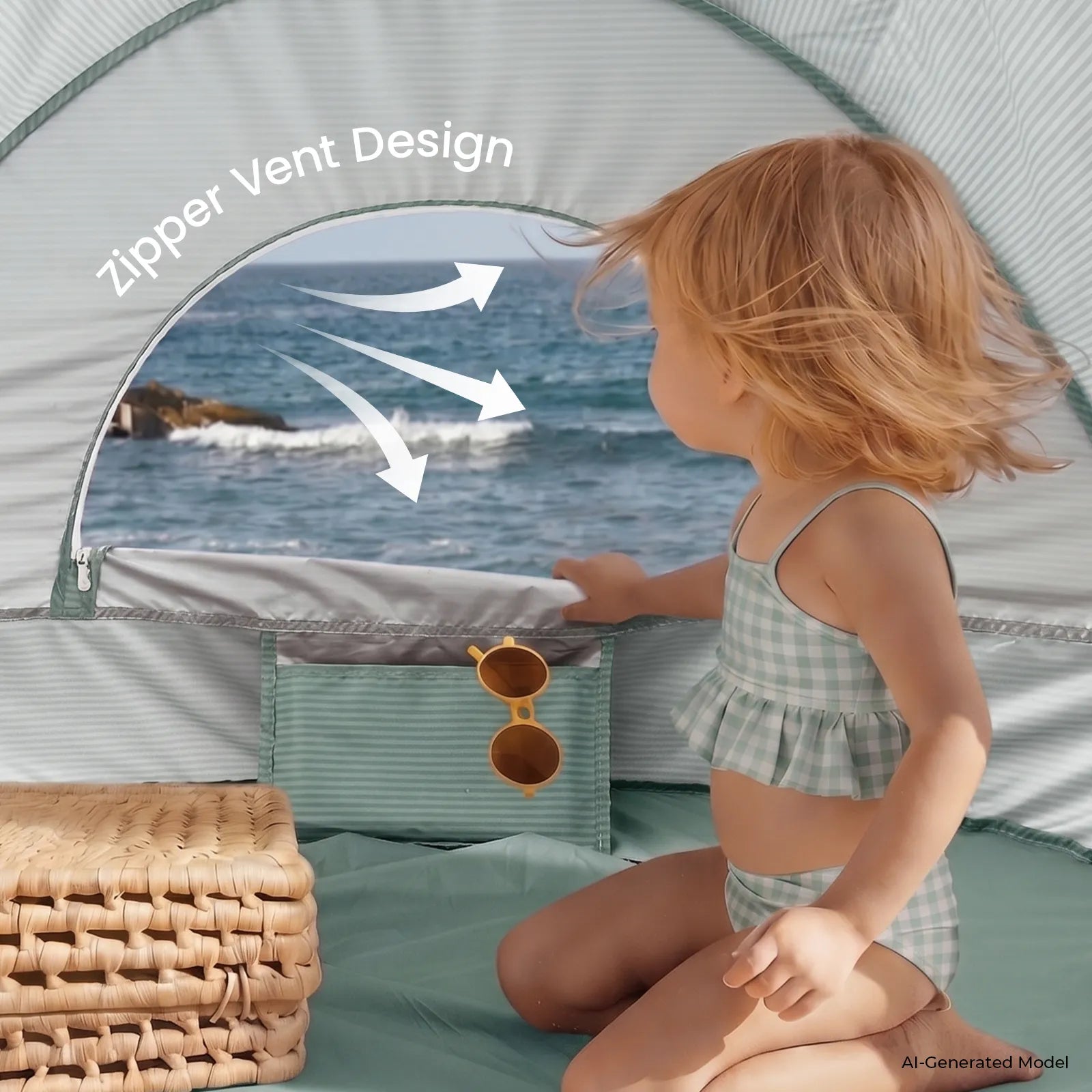 A young child in a checkered swimsuit sits inside the Tiny Land® Baby Beach Tent & Sand Toy Set by Tiny Land, gazing through the tent’s zippered vent. Nearby are sunglasses and woven baskets. White arrows draw attention to the innovative Zipper Vent Design.|Green