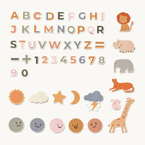 Tiny Land® Double-Sided Arched Magnet Chalkboard by Tiny Land comes with pastel magnetic letters, numbers, symbols, animals, weather icons, and emojis—perfect for creative play and learning on a kids’ whiteboard or chalkboard.
