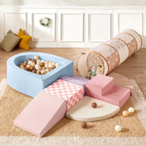 Transform your play area with the Tiny Land® Violet PlayNest Climbing Ball Pit Set with Tunnel by Tiny Land, featuring colorful foam steps, slides, a large ball pit filled with brown and white balls, a pink checkered mat, a round beige mat, a soft play tunnel, and cozy pillows on a beige rug—all in a bright indoor setting.|Blue