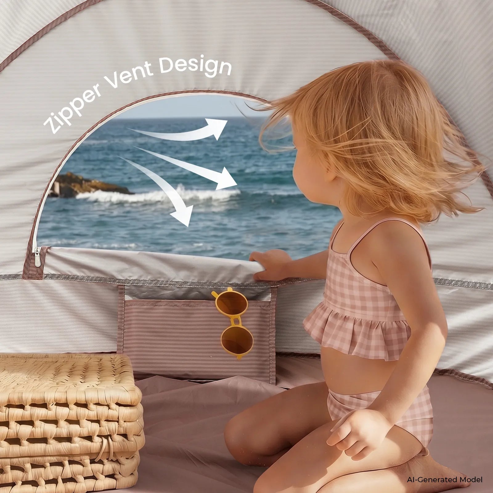 A young child in a pink swimsuit sits inside the Tiny Land® Baby Beach Tent by Tiny Land, gazing out toward the ocean. Sunglasses and a woven bag rest nearby, while text on the vent reads “Zipper Vent Design” with arrows pointing to the open window. The included colorful sand toy set from Tiny Land is scattered just outside, ready for seaside play.|Pink