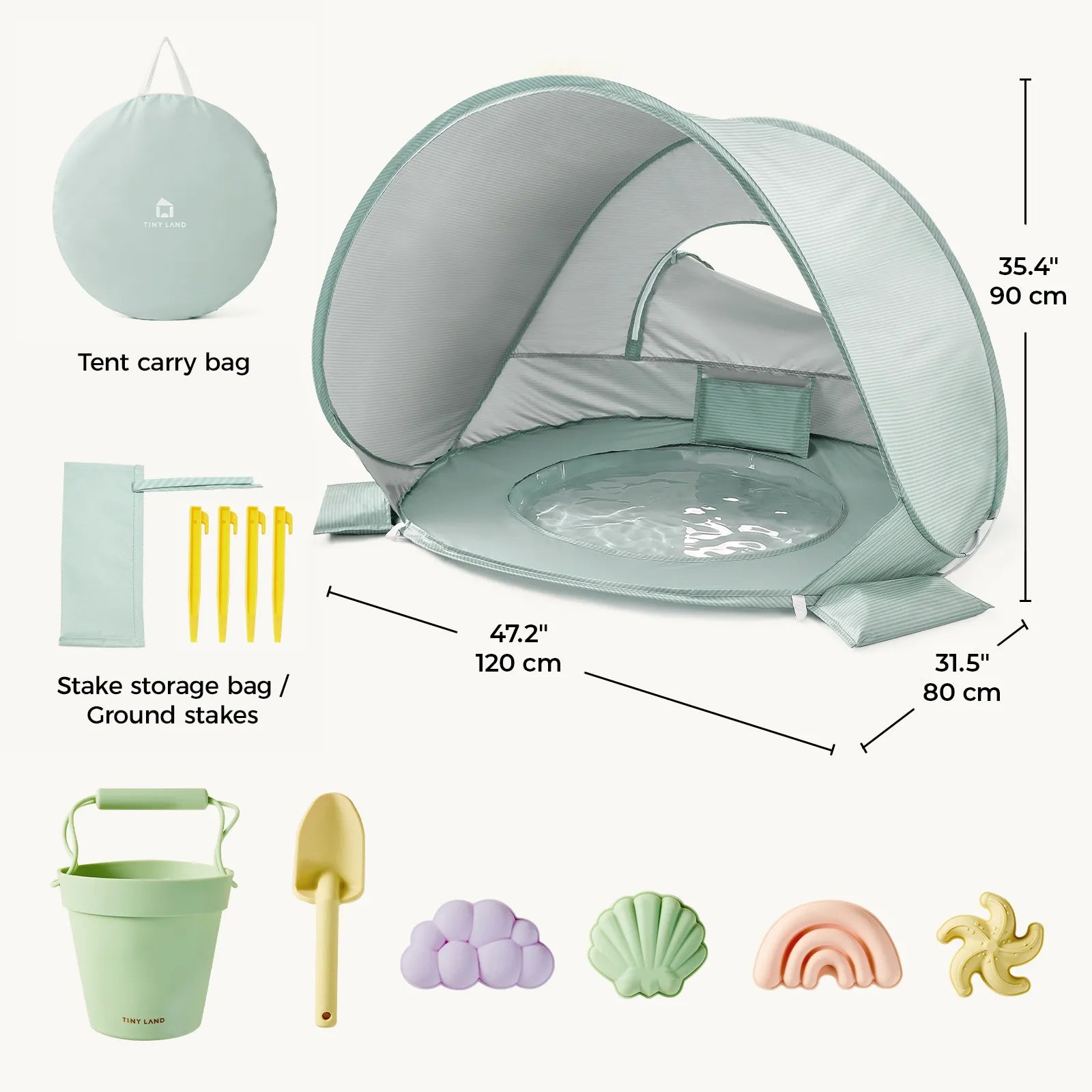 The Tiny Land® Baby Beach Tent & Sand Toy Set by Tiny Land is a mint-green toddler beach tent with pool, complete with a sand toy set that includes a carry bag, ground stakes, shovel, bucket, and four sand molds shaped like a shell, flower, star, and curl. Dimensions: 47.2x31.5x35.4 in (120x80x90 cm).|Green