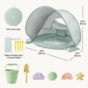 The Tiny Land® Baby Beach Tent & Sand Toy Set by Tiny Land is a mint-green toddler beach tent with pool, complete with a sand toy set that includes a carry bag, ground stakes, shovel, bucket, and four sand molds shaped like a shell, flower, star, and curl. Dimensions: 47.2x31.5x35.4 in (120x80x90 cm).|Green