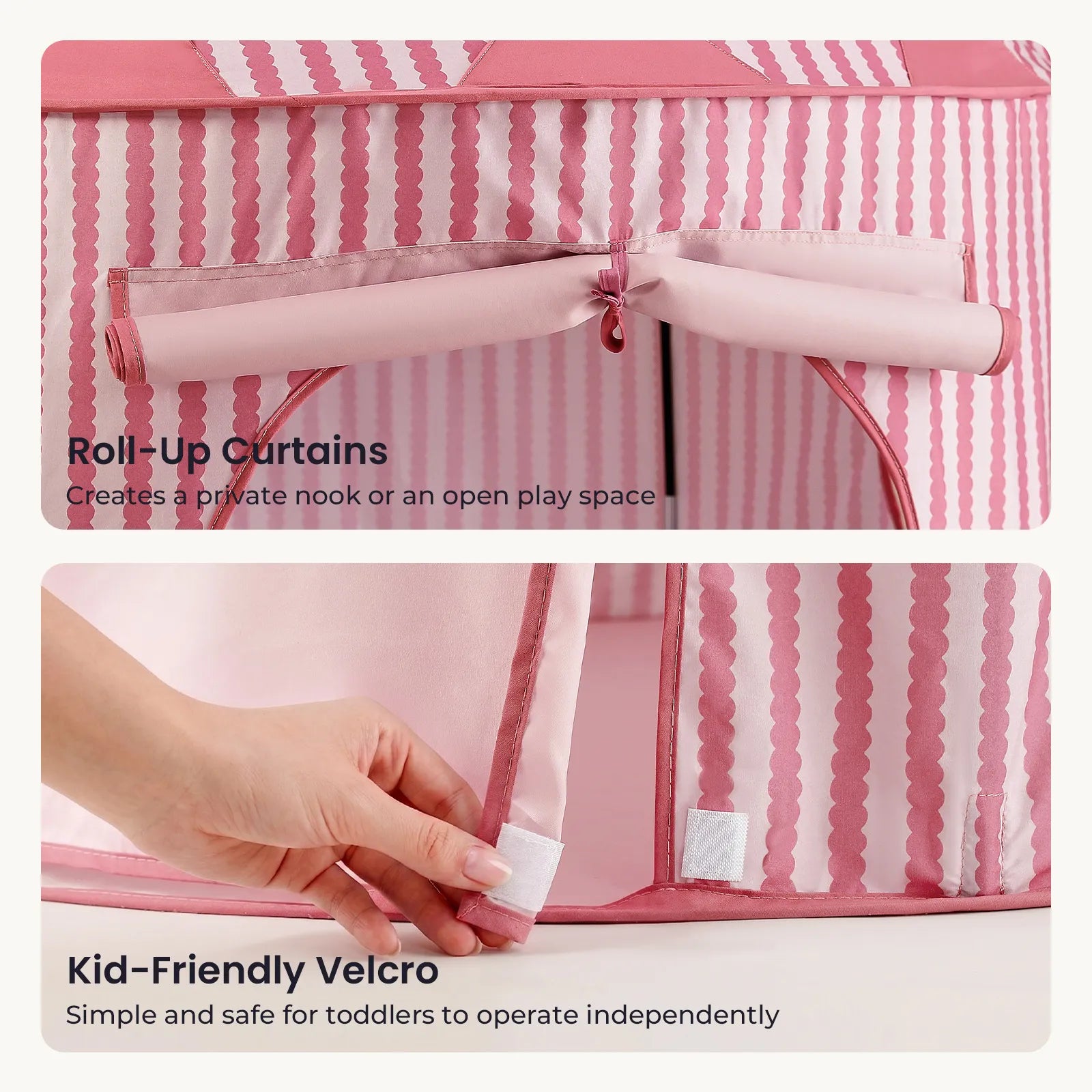 Two images: The top shows the Tiny Land® Kids Tent with pink striped curtains rolled up and tied. The bottom highlights a hand opening the kids tent flap using white Velcro strips. Text emphasizes roll-up curtains and kid-friendly Velcro for easy, safe use—ideal features of the Tiny Land® Kids Tent for any indoor playhouse.|Pink