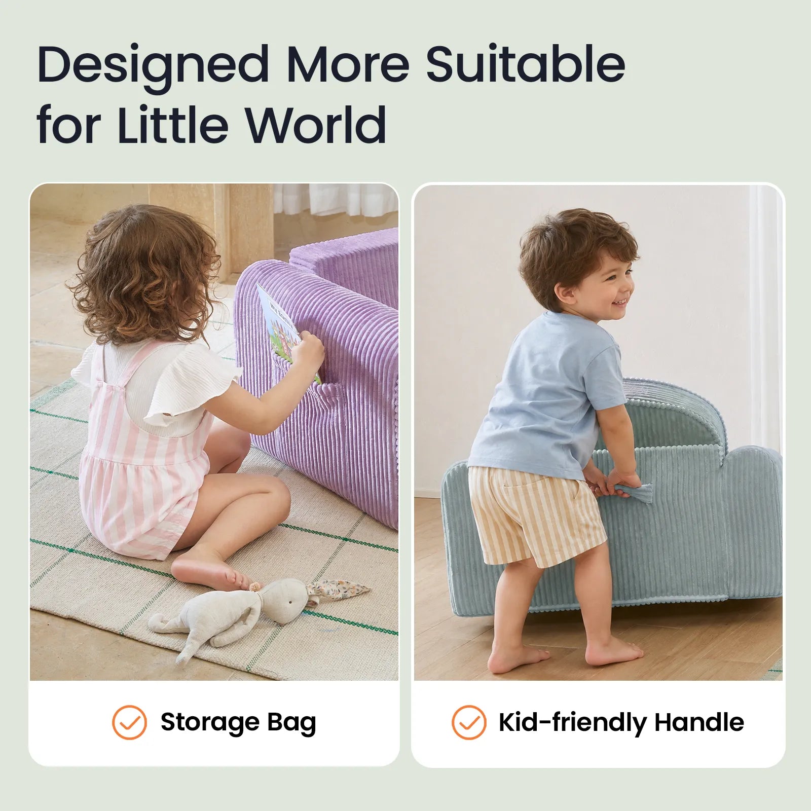 Two toddlers interact with Tiny Land® GentleSnug Corduroy Kid Chair furniture: one girl puts toys in a striped purple storage bag, while a boy holds the Tiny Land GentleSnug chair by its kid-friendly handle. Text highlights features designed especially for children.|Soft Teal