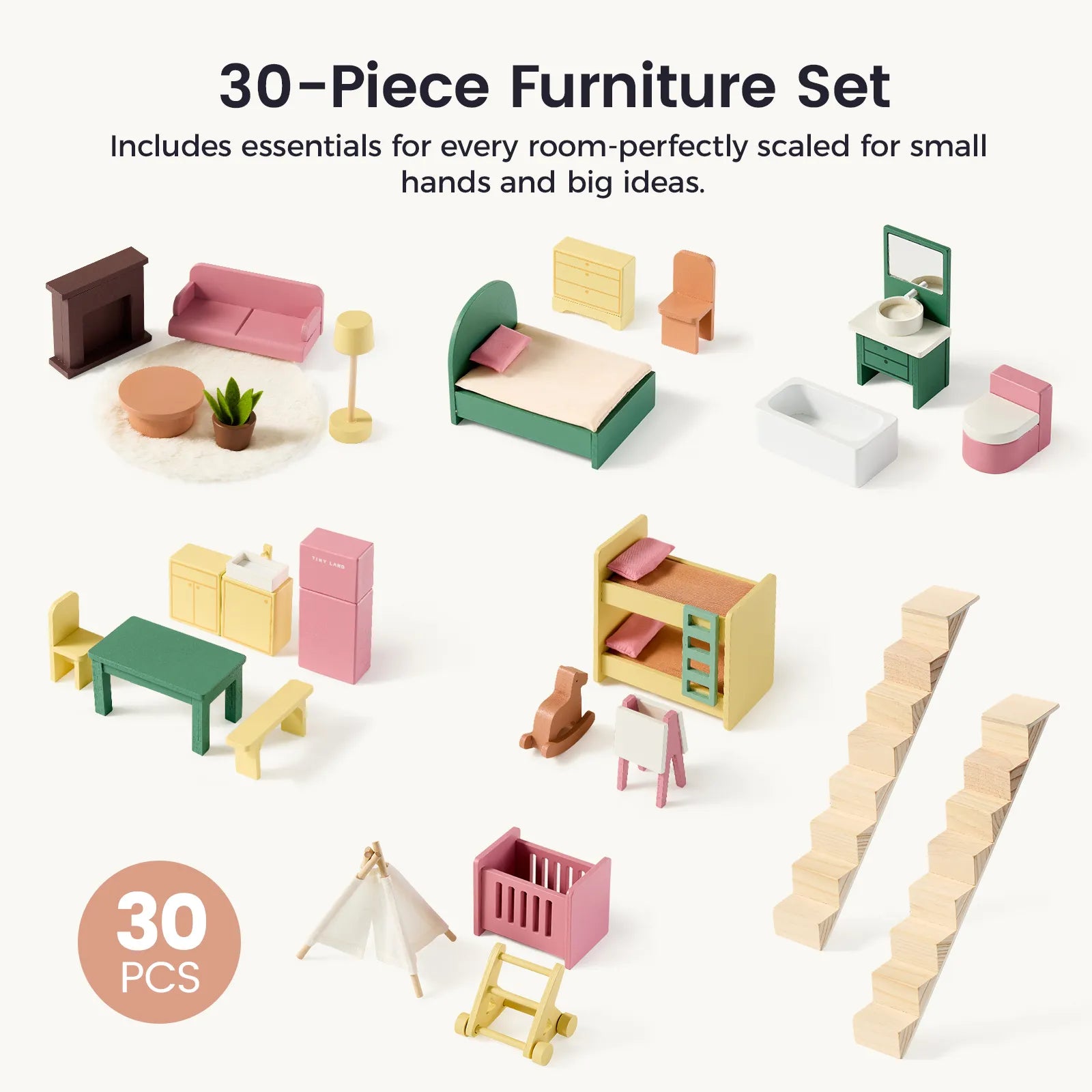 Experience the Tiny Land® Sweetwood Dollhouse without Dolls—a charming 30-piece assortment of miniature furniture, featuring beds, tables, chairs, stairs, kitchen, living room, and bathroom items, all beautifully displayed on a white background. Perfect for enhancing any Wooden Dollhouse setup or as an ideal dollhouse for girls. From Tiny Land.|Pegasus