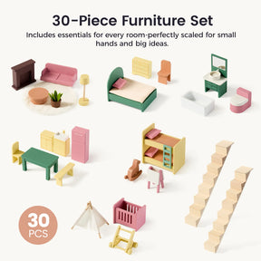 Experience the Tiny Land® Sweetwood Dollhouse without Dolls—a charming 30-piece assortment of miniature furniture, featuring beds, tables, chairs, stairs, kitchen, living room, and bathroom items, all beautifully displayed on a white background. Perfect for enhancing any Wooden Dollhouse setup or as an ideal dollhouse for girls. From Tiny Land.|Pegasus