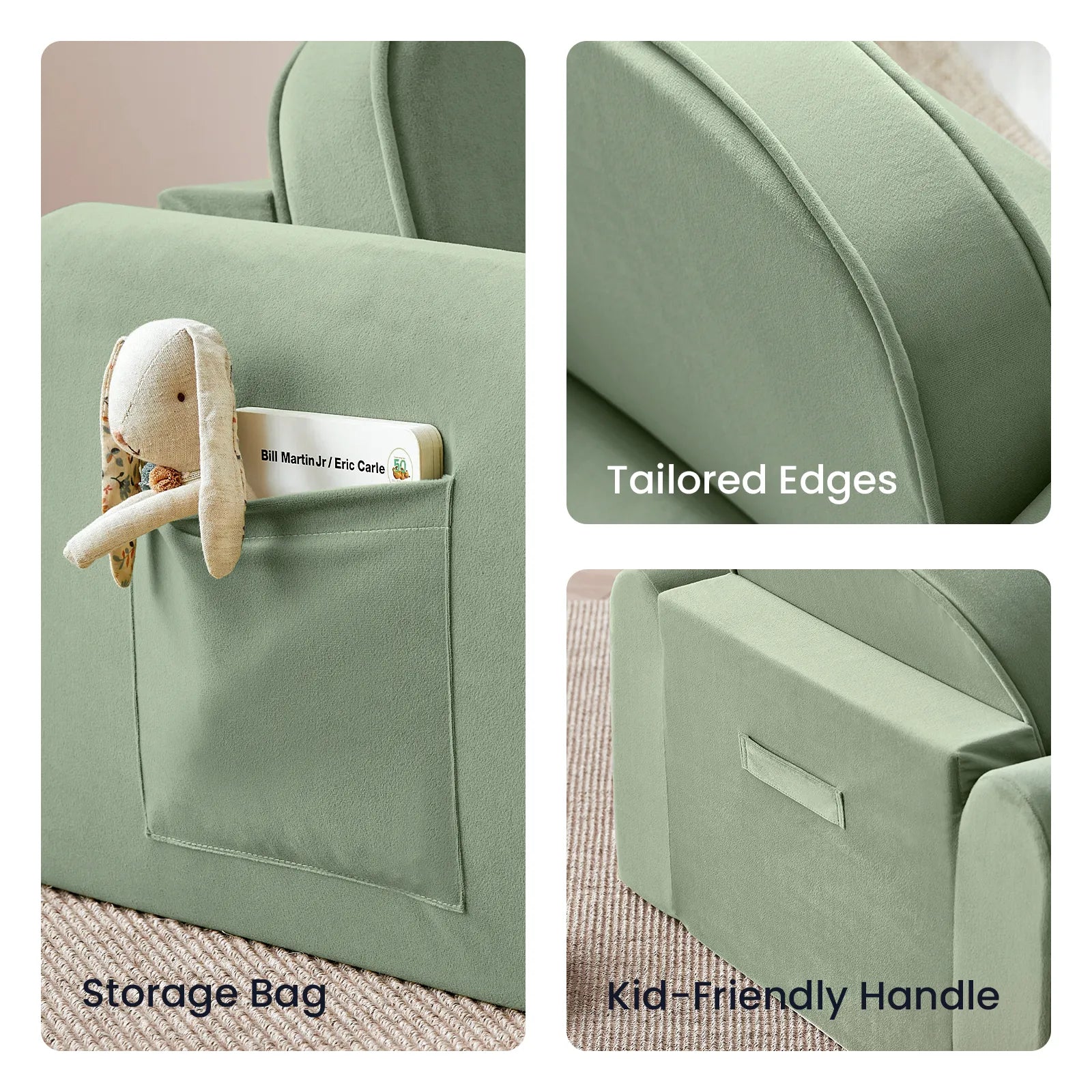 Sure! Here’s a rewritten version using the product data: The Tiny Land® GentleSnug Kids Sofa Chair in green features a side storage pocket holding a bunny plush and book, close-up views of its tailored edges, and an easy-to-grab kid-friendly handle on the back—this adorable flip-open chair also serves as a toddler sofa. Text labels highlight the Storage Bag, Tailored Edges, and Kid-Friendly Handle.|Light Green
