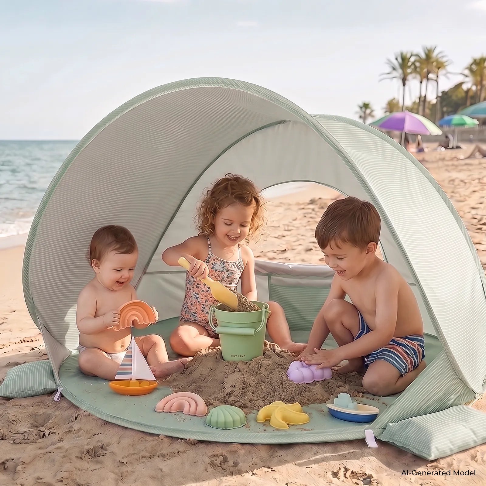 Three young children play with sand toys under the Tiny Land® 3-in-1 Baby Beach Tent by Tiny Land, enjoying its sun shade and built-in splash pool on the sandy beach, with the ocean and palm trees in the background.