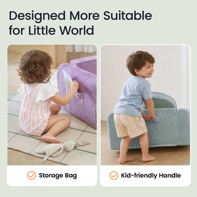 Two toddlers interact with soft, colorful furniture. The left child places items in a striped storage bag; the right child grabs the handle of a Tiny Land® GentleSnug Corduroy Kid Chair by Tiny Land—a plush blue lounger designed just for kids. Both settings appear cozy and child-friendly, featuring inviting corduroy furniture from Tiny Land that encourages playful exploration.|Soft Teal
