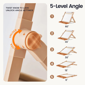 A close-up of a twist knob labeled lock and unlock adjusts the Tiny Land® Double-Sided Magnetic Tabletop Easel from Tiny Land, shown at five angles—60°, 45°, 30°, 15°, and 0°—with its sturdy wooden stand and magnetic whiteboard, making it perfect for setting up a versatile art station.|Oatmeal