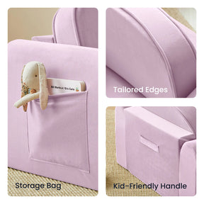 Close-up views of the Tiny Land® GentleSnug Kids Sofa Chair in light purple, featuring a storage pocket with a book and bunny toy, neatly tailored edges, and a convenient kid-friendly handle on the back.|Light Purple