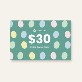 A $30 Tiny Land® Gift Card from Tiny Land features pastel ovals on a green background with "A Little Joy for Easter" in white text.