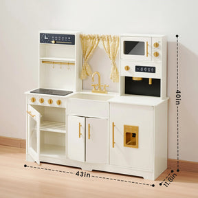 The Tiny Land® Iconic Wooden Play Kitchen – Cream is a kids kitchen set with gold handles, stove, oven with clear door, microwave, shelves, sink and curtain. Measures 43 W x 40 H x 17.8 D. Brand: Tiny Land.