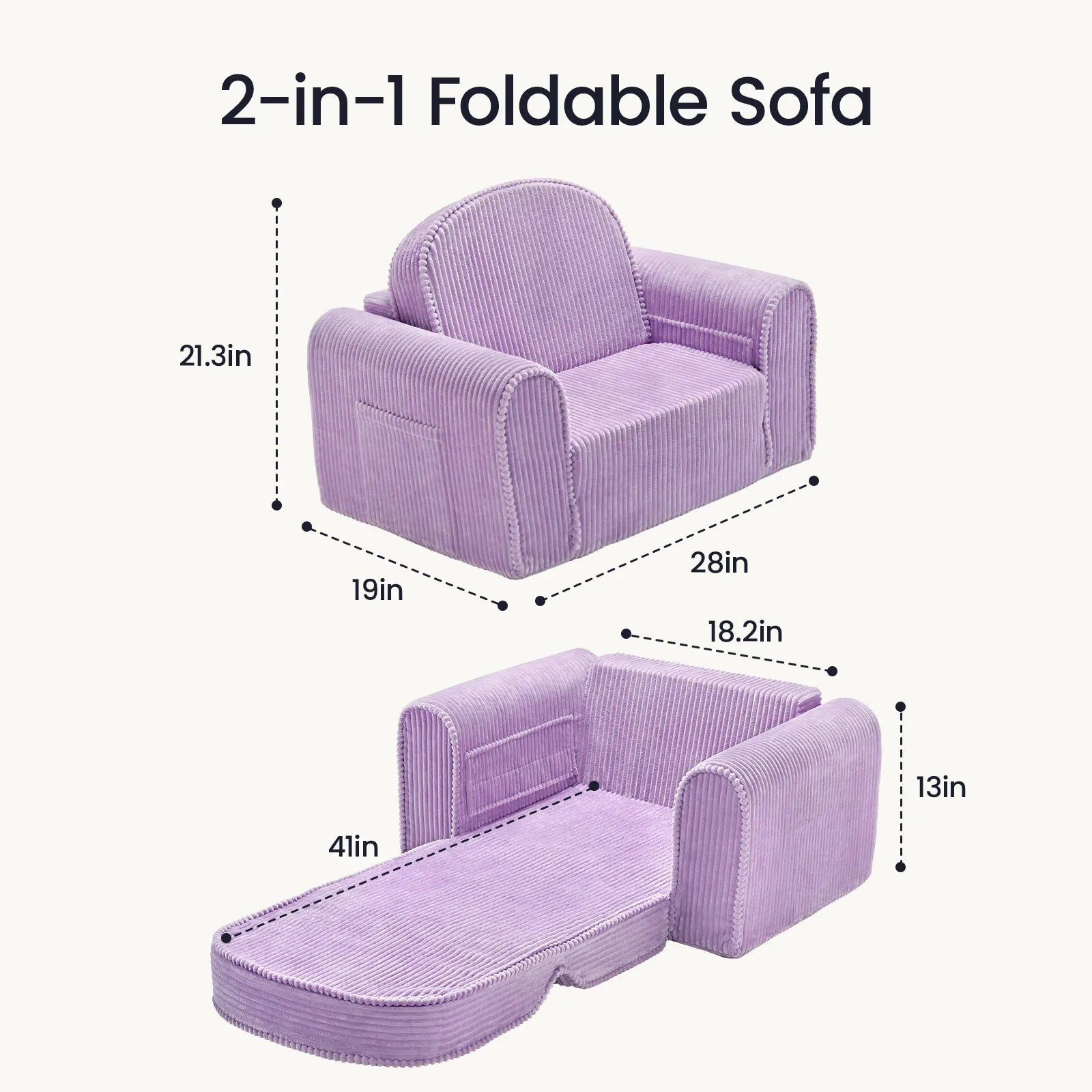 The Tiny Land® GentleSnug Corduroy Kid Chair by Tiny Land is a purple 2-in-1 foldable furniture piece for kids, shown upright as a toddler chair and unfolded into a kids lounger, with labeled dimensions: 21.3x28x19 inches (sofa) and 13x41x18.2 inches (lounger).|Purple