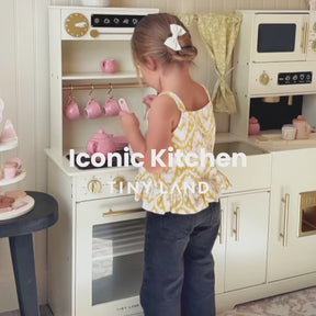 Tiny Land® Iconic Wooden Play Kitchen – Cream Pretend Cooking Set for Kids