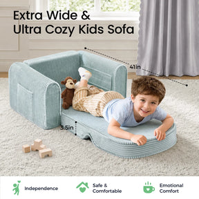 A young boy relaxes on the Tiny Land® GentleSnug Corduroy Kid Chair, a light blue lounger that easily unfolds into a cozy lounge spot, accompanied by his stuffed monkey and toys. This toddler chair by Tiny Land features ultra-soft corduroy upholstery for added comfort. Product features icons and sofa dimensions—4 inches high and 3.5 inches thick—are displayed on-screen.|Soft Teal