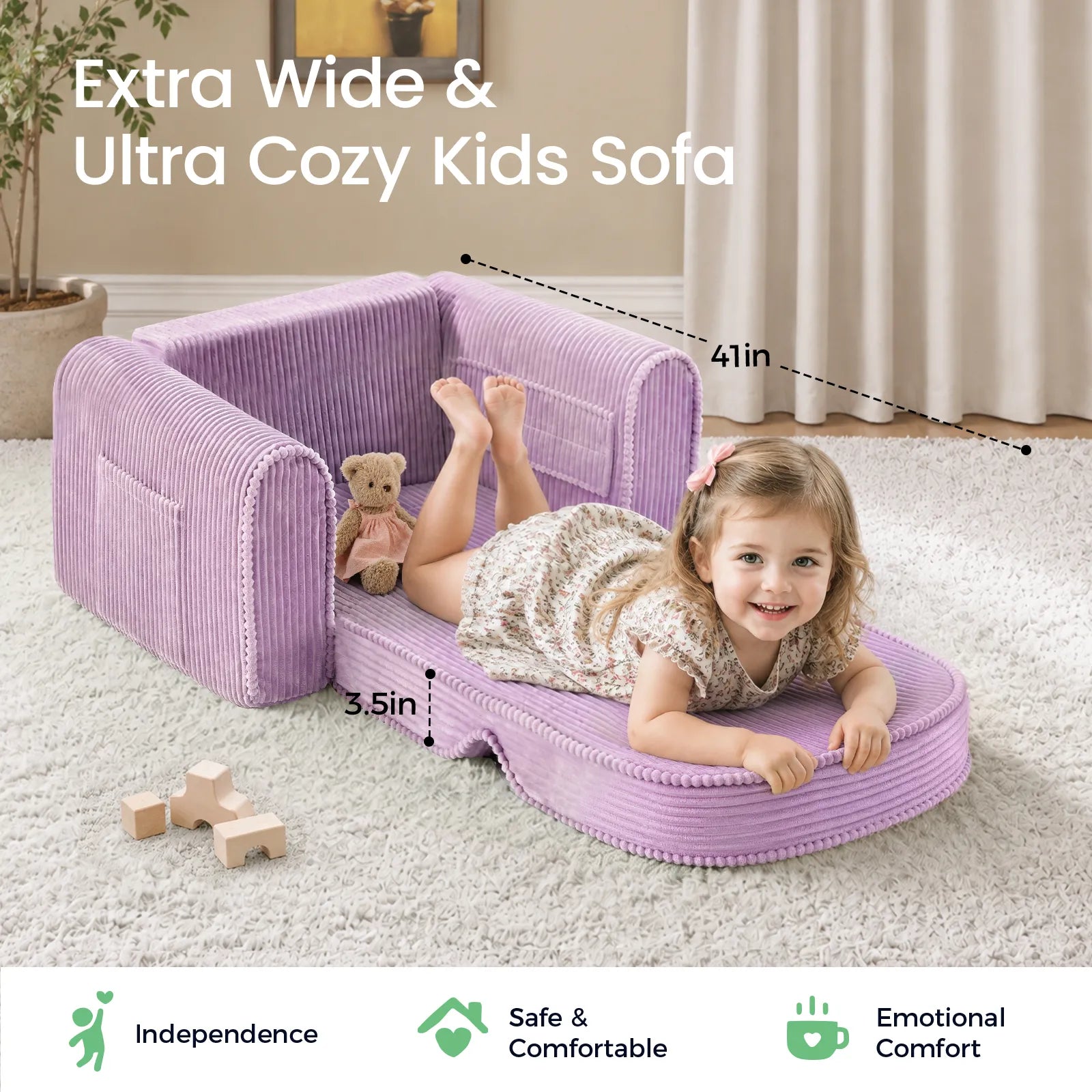 A young girl reclines on the Tiny Land® GentleSnug Corduroy Kid Chair, cuddling a teddy bear and smiling with joy. This cozy piece from Tiny Land measures 41 inches in length and is 3.5 inches thick, offering a comfortable and practical choice for little ones. Icons below showcase its support for independence, comfort, and emotional well-being—making it an ideal toddler chair solution.|Purple