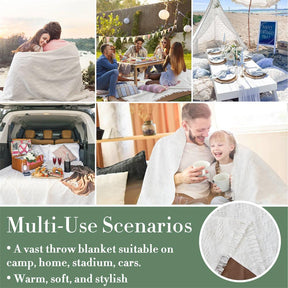 A collage shows families enjoying the Tiny Land® Picnic Blankets in settings like picnics, tents, car trunks, outdoors, and at home; text highlights the blanket’s versatility, warmth, and softness. Brand: Tiny Land.