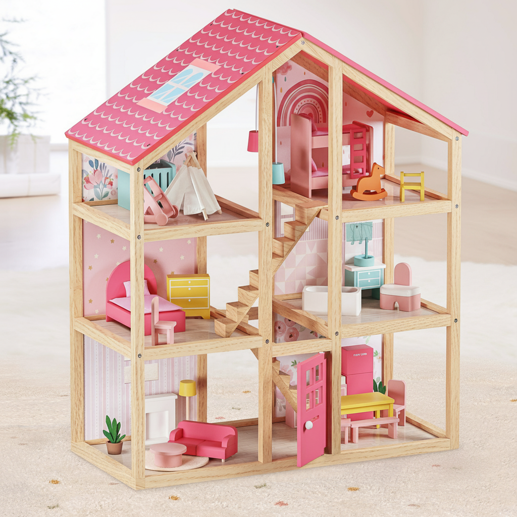 The Tiny Land Sweet Dreams Playset features a three-floor pink dollhouse with an open front, pink roof, and cute furniture in every room — all set in a cozy indoor space with a soft carpet.|pink