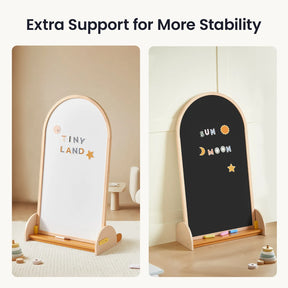 The Tiny Land® Double-Sided Arched Magnet Chalkboard by Tiny Land features a beechwood art board with an arched top, a kids’ whiteboard labeled "Tiny Land" on the left, and a chalkboard labeled "Sun Moon" on the right with magnetic letters and shapes.